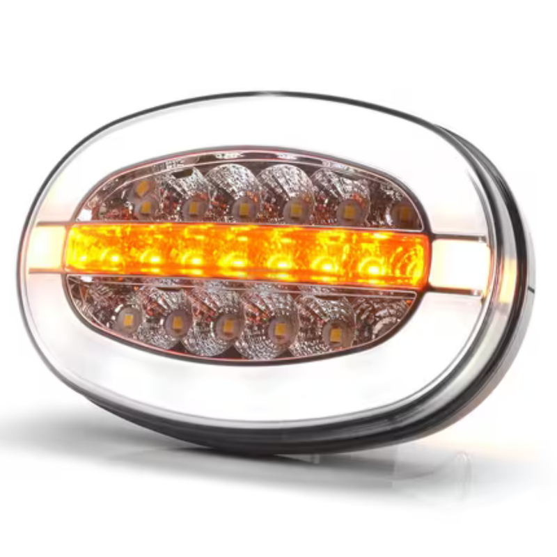 Farol dianteiro LED multifunções, oval, com repetidor, 12-24 V, 136.4x91x40mm