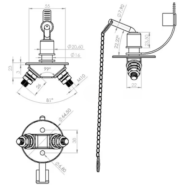 Interruptor de bateria redondo, prateado, mini tipo M10, 12-48 V, 150 A/1000 A (5 seg.), IP63