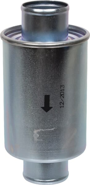 Filtro hidráulico em linha Massey Ferguson VA128283 — corpo metálico e indicação do sentido de circulação