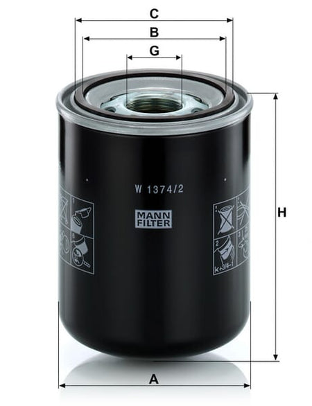 Filtro de transmissão MANN-FILTER W 1374/2 — desenho técnico de dimensões