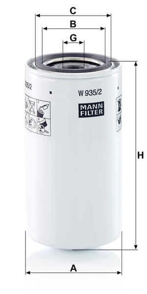Filtro de transmissão MANN-FILTER W 935/2 — desenho técnico de dimensões