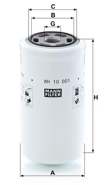 Filtro de transmissão MANN-FILTER WH 10 001 — desenho técnico de dimensões