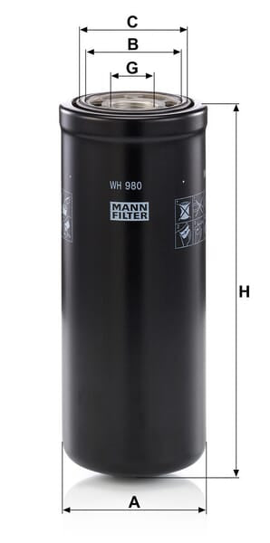Filtro de transmissão MANN-FILTER WH 980 — desenho técnico de dimensões