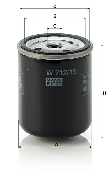 MANN-FILTER W 712/45, desenho de referência das dimensões A, B, C, G e H